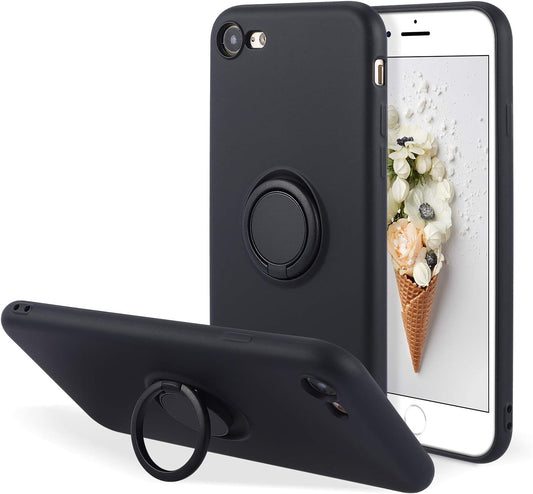 UEEBAI Case for Apple iPhone SE 2022 5G/iPhone 7/iPhone 8/iPhone SE 2020 (4.7 inches), Slim Liquid Silicone Phone Case with Ring Holder Kickstand Magnetic Car Mount Cover for iPhone SE3/SE2- Black