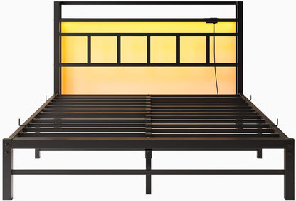 Maliacife Queen Bed Frame with Storage Headboard,Metal Platform Bed with USB Charging Station and Led Lights,Heavy Duty Steel Slats,Mattress Foundation, No Box Spring Needed,Easy Assembly,Black