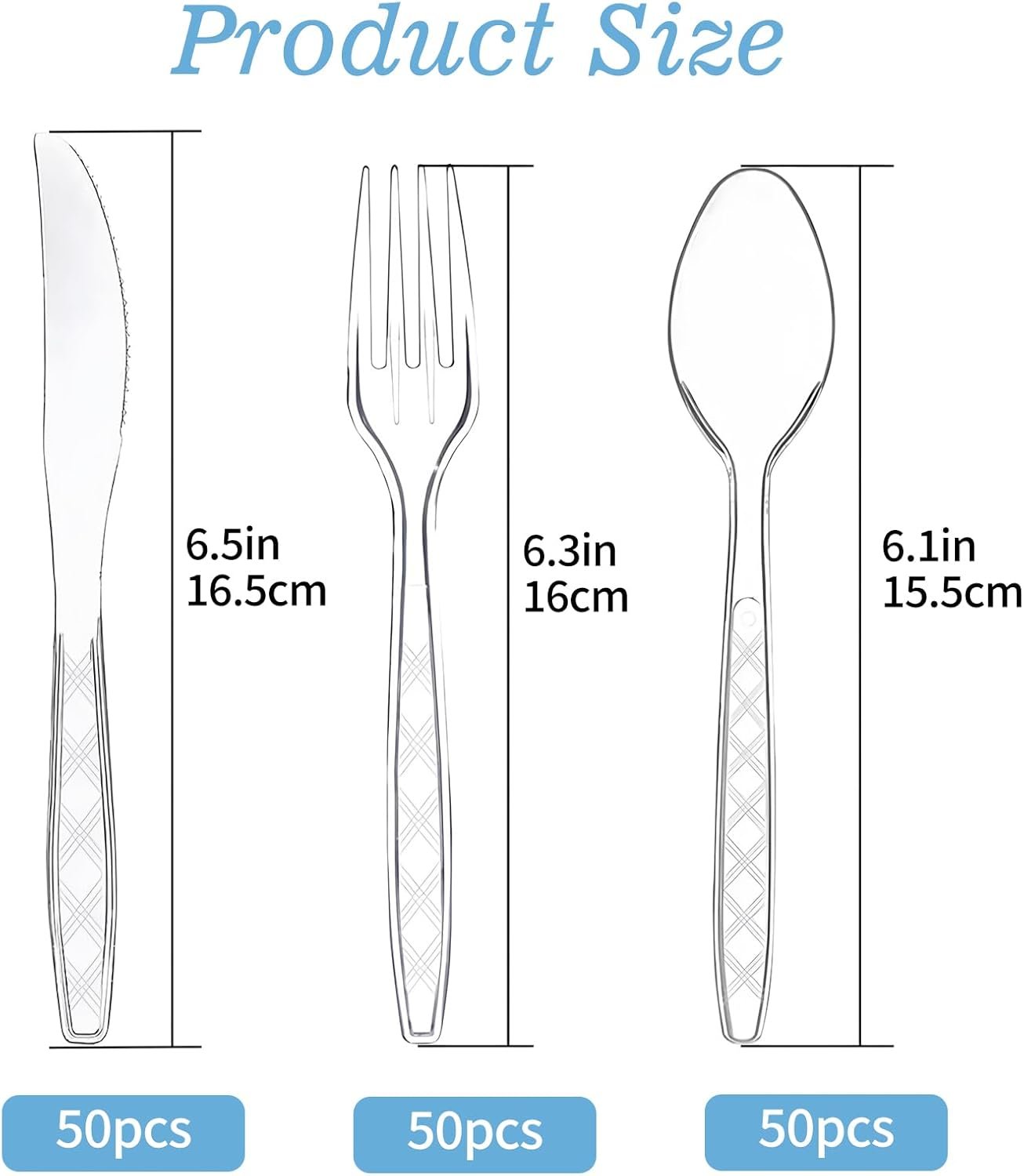 Clear Plastic Cutlery Set 150 PCS, Disposable Cutlery Set - 50 Forks, 50 Spoons, 50 Knives, Reusable Plastic Silverware for Birthday Party Supplies