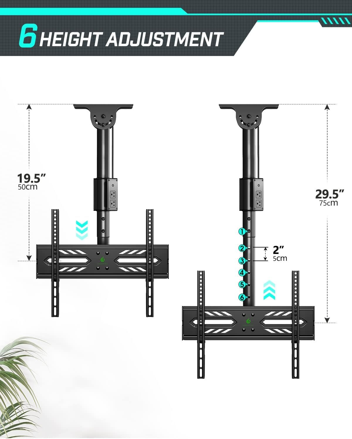 Greenstell Ceiling TV Mount with Power Outlet, TV Mount for 26''-65'' TVs, TV Ceiling Mount with 900J Surge Protection, Swivel, Tilt and 6 Height Adjustable, Max VESA 400x400mm, Holds up to 110LBS