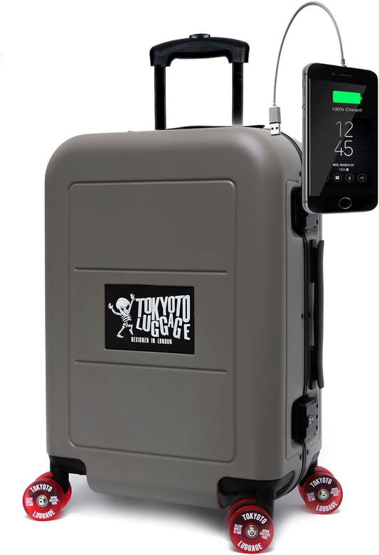 TOKYOTO LUGGAGE Cabin Suitcase Silent Skate Wheels USB Charger Durable Lightweight German Polycarbonate Luggage Hard Hand Trolley 55 x 35 x 20 cm, Kabuto Green Army, Cabin Suitcase Silent Skate Wheels