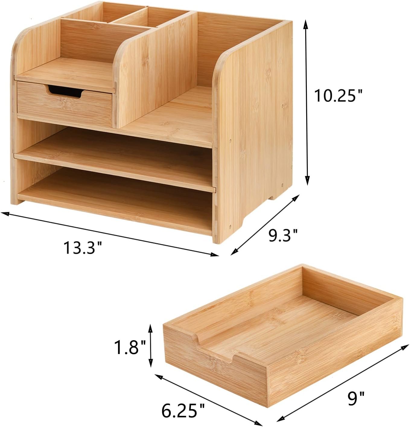 Frcctre Bamboo Desktop Organizer with Drawer, 3 Tier Wooden Desk File Document Organizer with Pen Holder, Tabletop Stationery Storage Organizer Storage Rack for Desk Accessories, Office Supplies