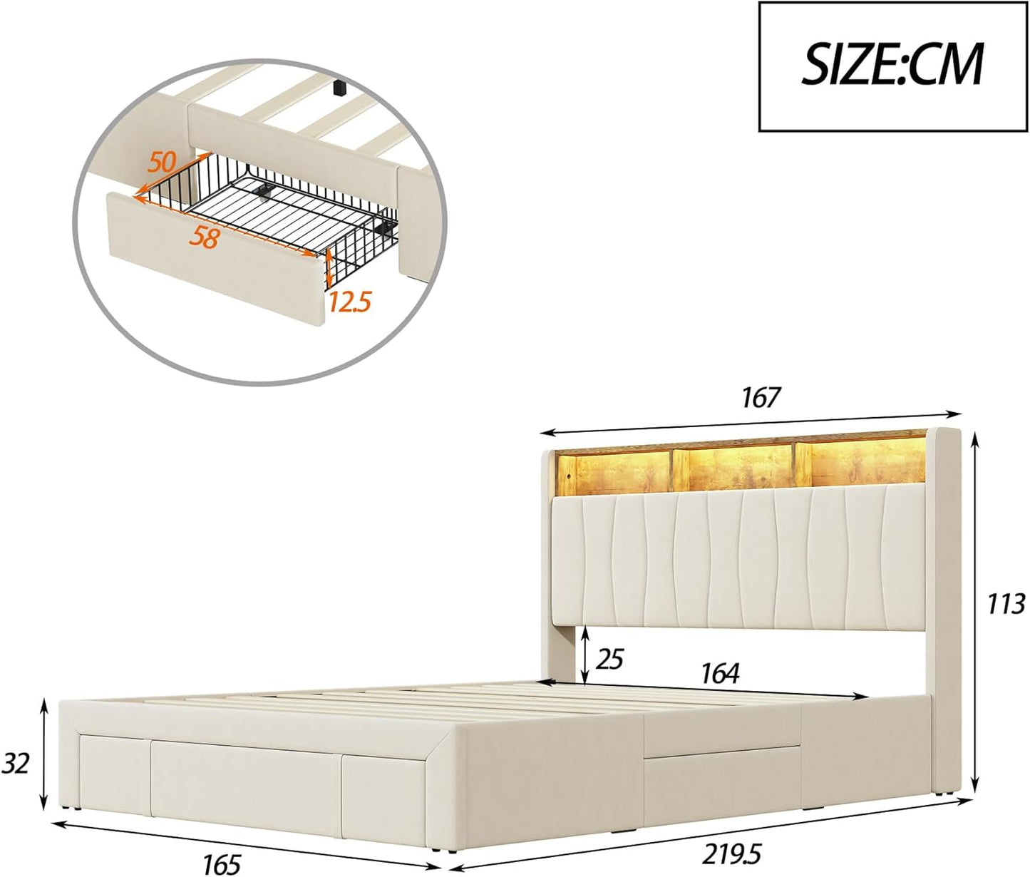 BRILVERDE Upholstered Bed, 160 x 200 cm, Double Bed with 4 Drawers and Slatted Base, LED Headboard with Storage, USB Charging Function, Velvet, Beige (160 x 200 cm)