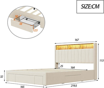 BRILVERDE Upholstered Bed, 160 x 200 cm, Double Bed with 4 Drawers and Slatted Base, LED Headboard with Storage, USB Charging Function, Velvet, Beige (160 x 200 cm)