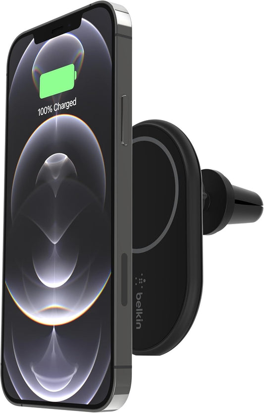 Belkin Magnetic Wireless Car Charger - MagSafe Compatible Air Vent Mount for Wireless Charging - AC Mount with Included Power Supply for iPhone 15, 14 & 13 - Travel Accessories for Phone