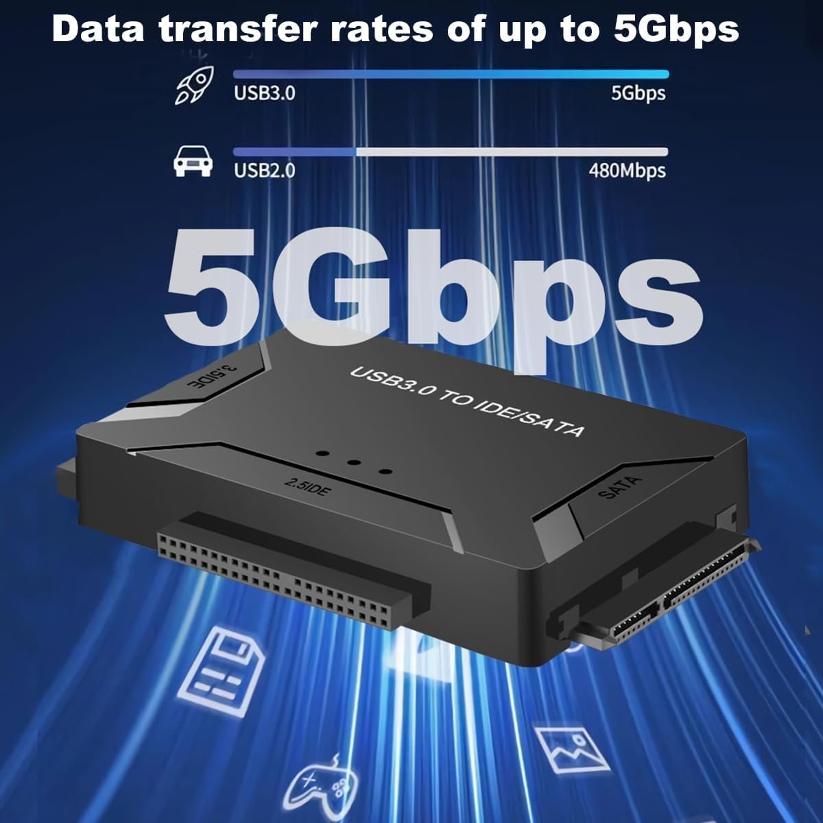 USB 3.0 to SATA/IDE Adapter, External Hard Drive Reader Ultra Recovery Converter Compatible with 2.5/3.5in HDD/SSD DVD Optical Drive