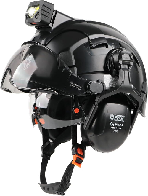 GREEN DEVIL Hard Hat Safety Helmet with Rechargeable Headlamp Light and Visor Ear Muffs Vented Work Hardhat ANSI Z89.1 Cascos De Construccion for Industrial Construction Forestry