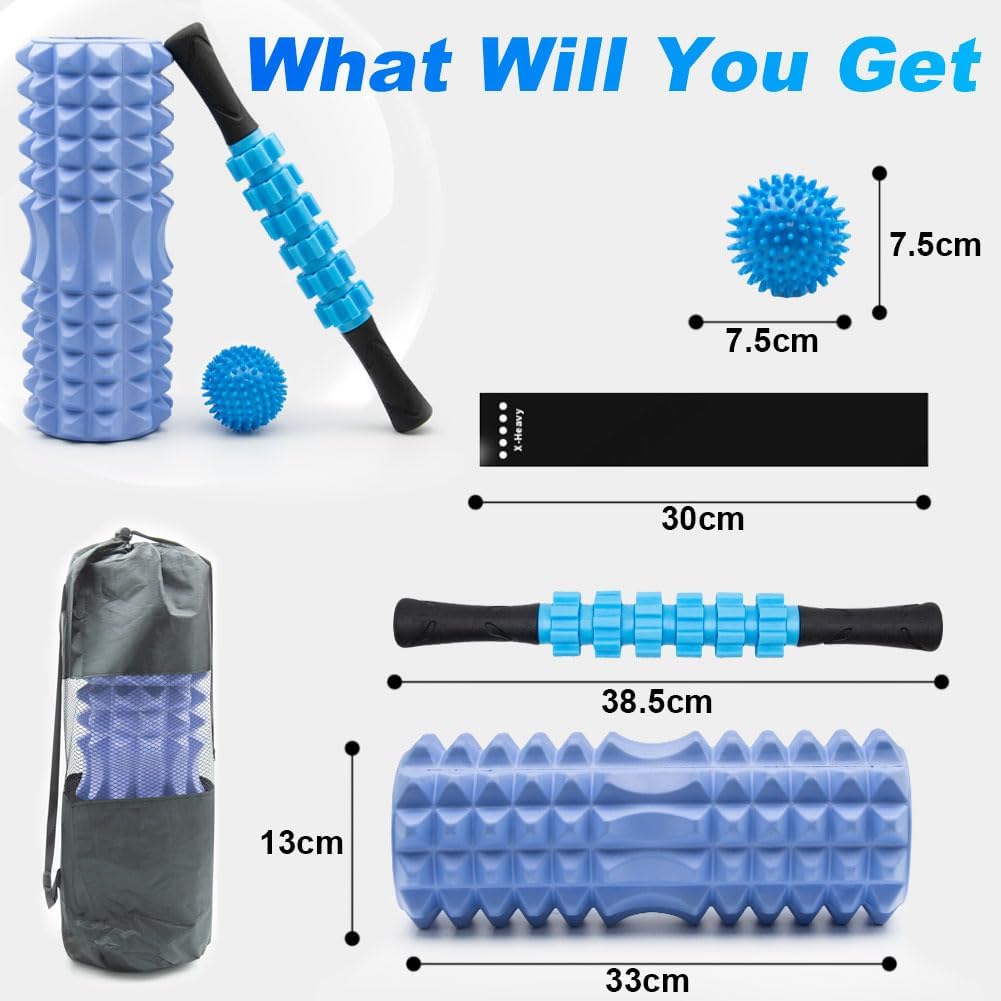 TINY SPARK 9 IN 1 Foam Roller, Yoga Rollers for Muscle Massage, Foam Roller with Muscle Roller Stick, Massage Roller, Spike Massage Ball, 4pcs Resistance Loop Bands All in Carrying Bag (33cm, Blue)