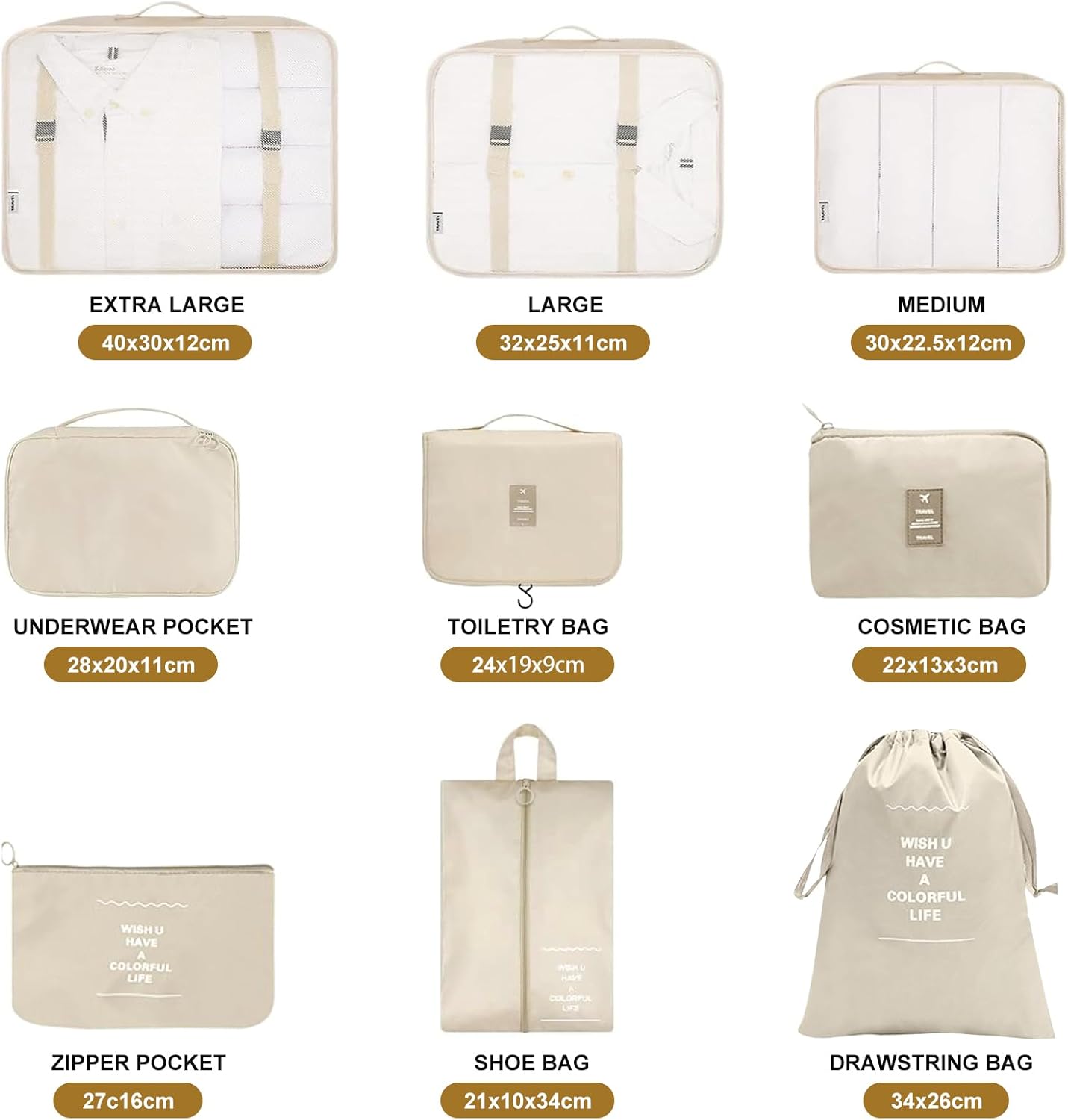 9 Pieces Organizer Suitcase Space-Saving Organizers, Travel Organizers, Packing Cubes, Travel Set Useful Accessories Organizer for Holidays, Travel and Home Garment Storage(Beige)