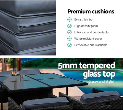 Gardeon Outdoor Dining Set 5pcs Rattan Wicker Lounge Setting Table and Chairs, Patio Conversation Sets Furniture Garden Backyard, Weather-Resistant Cushions Storage Cover Black Glass Tabletop