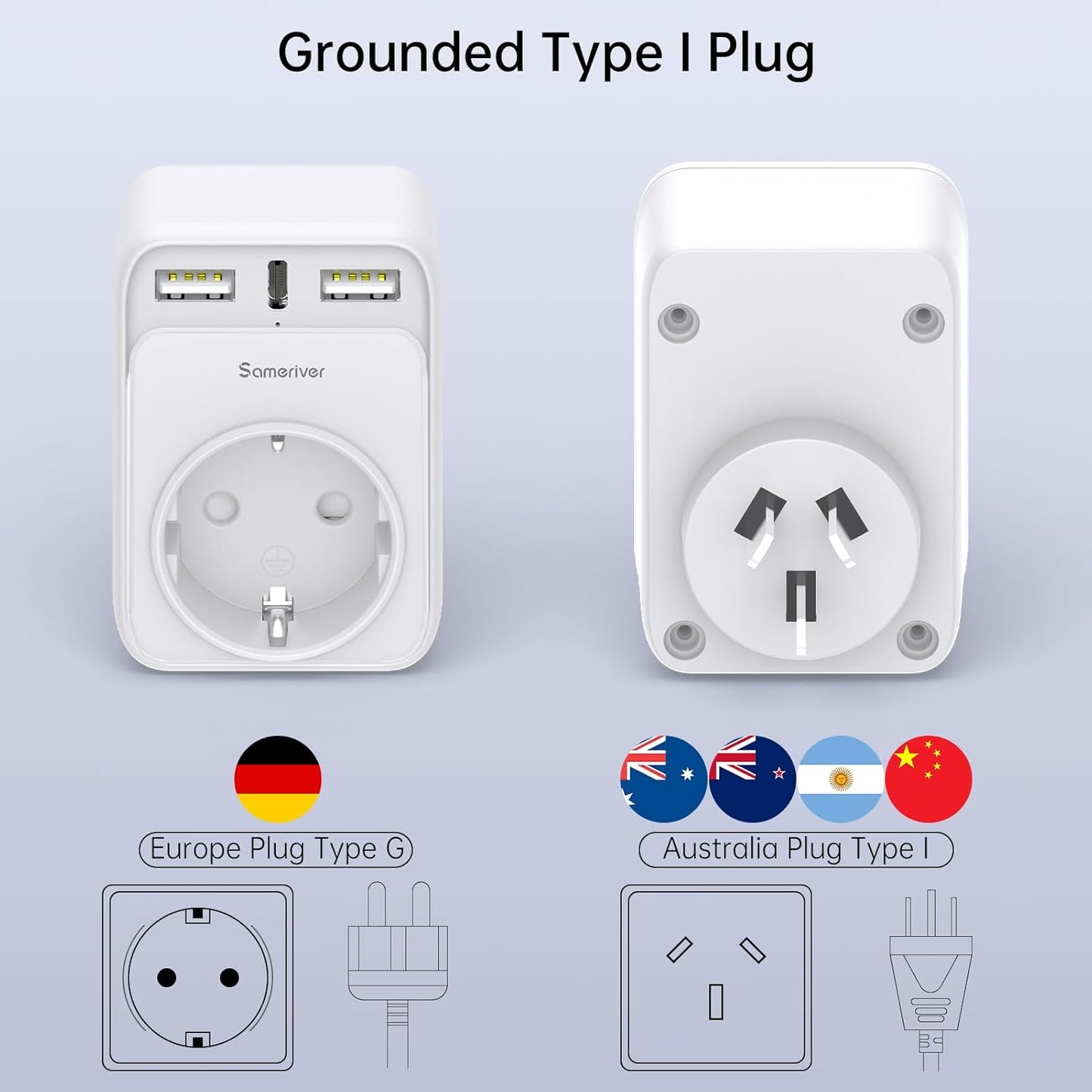 Travel Adapter Australia Travel Adapter with 2 USB 1USB C (3A) Type I Sockets for New Zealand, Australia, China, Argentina