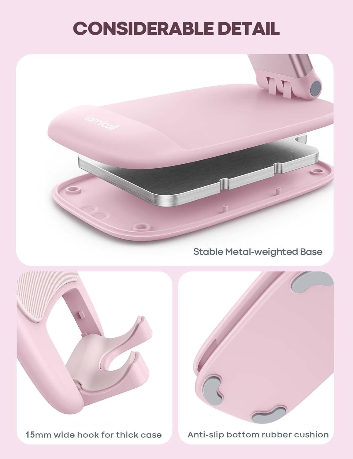 Lamicall Pink Phone Stand, Pink Desk Accessories - Rose Gold Pink Office Cell Phone Holder, for Desks, Desktop, Office Desk Accessories, Decor for Women, for iPhone, 4-8'' Phone
