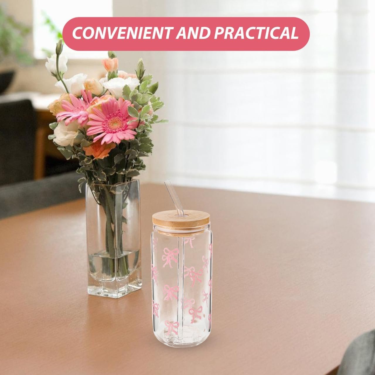 Garneck Cute Glass Cups with Lids and Straws Capacity Bow Cups for and Adults Ideal for Juice