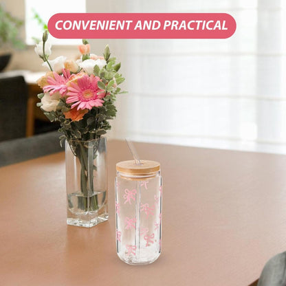 Garneck Cute Glass Cups with Lids and Straws Capacity Bow Cups for and Adults Ideal for Juice