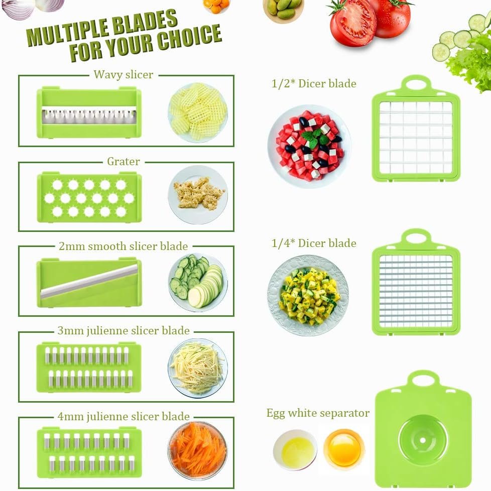 Vegetable Chopper Mandoline Slicer Cutter Onion Chopper Dicer Pro Food Chopper Slicer Durable Veggie Cutter with Large Container Drain Basket and 8 Blades for Tomato Potato Carrot