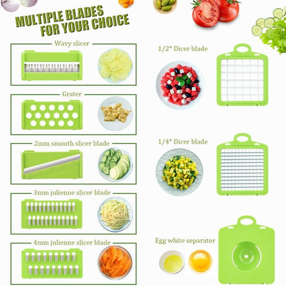 Vegetable Chopper Mandoline Slicer Cutter Onion Chopper Dicer Pro Food Chopper Slicer Durable Veggie Cutter with Large Container Drain Basket and 8 Blades for Tomato Potato Carrot