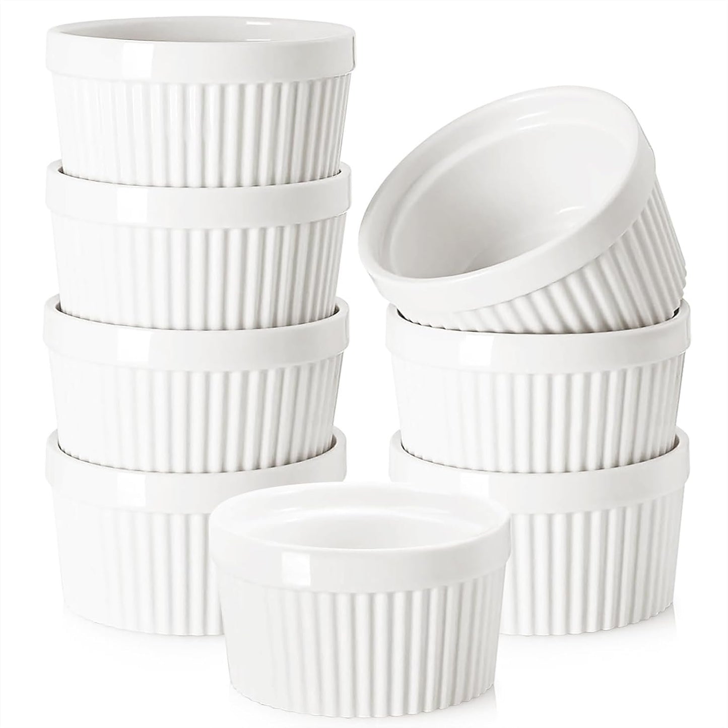 Ramekin Bowls,WERTIOO 8 PCS Bakeware Set for Baking and Cooking, Oven Safe Sleek Porcelain Colorful Ramikins for Pudding, Creme Brulee, Custard Cups and Souffle Small Instant Table Tray 6 OZ White