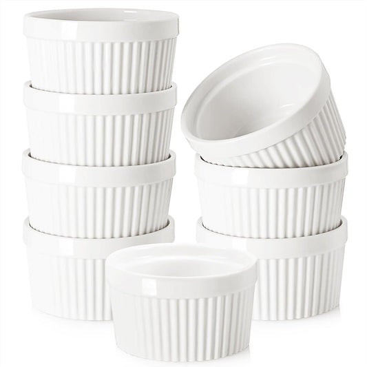 Ramekin Bowls,WERTIOO 8 PCS Bakeware Set for Baking and Cooking, Oven Safe Sleek Porcelain Colorful Ramikins for Pudding, Creme Brulee, Custard Cups and Souffle Small Instant Table Tray 6 OZ White