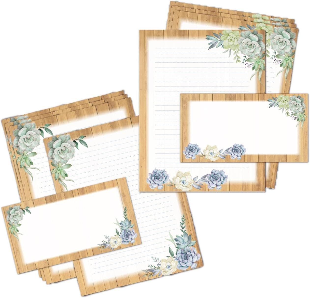Lined Stationery Set - 50 Writing Paper and 50 Envelopes, 8.5 x 11 Inch Succulent Lines, 2 Designs Assorted Letter Writing Paper