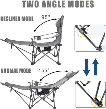 Dsocool Camping Chair Foldable Beach Chairs Adjustable High Back Lawn Chair Recliner Support 120KG with Cup Holder Pocket Carry Bag for Adult Outdoor Picnic Travel Fishing with Foot Pad (Grey)