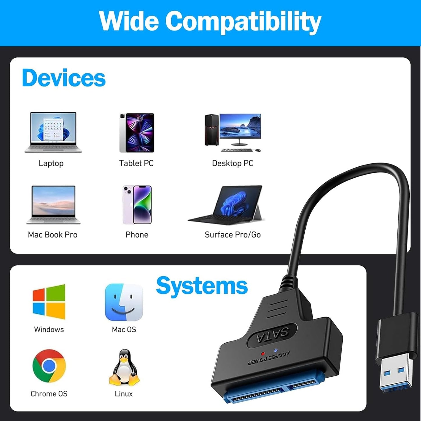 SATA to USB Cable, USB 3.0 to SATA III Hard Driver Adapter Compatible for 2.5 inch HDD and SSD (USB-A 3.0 to SATA)