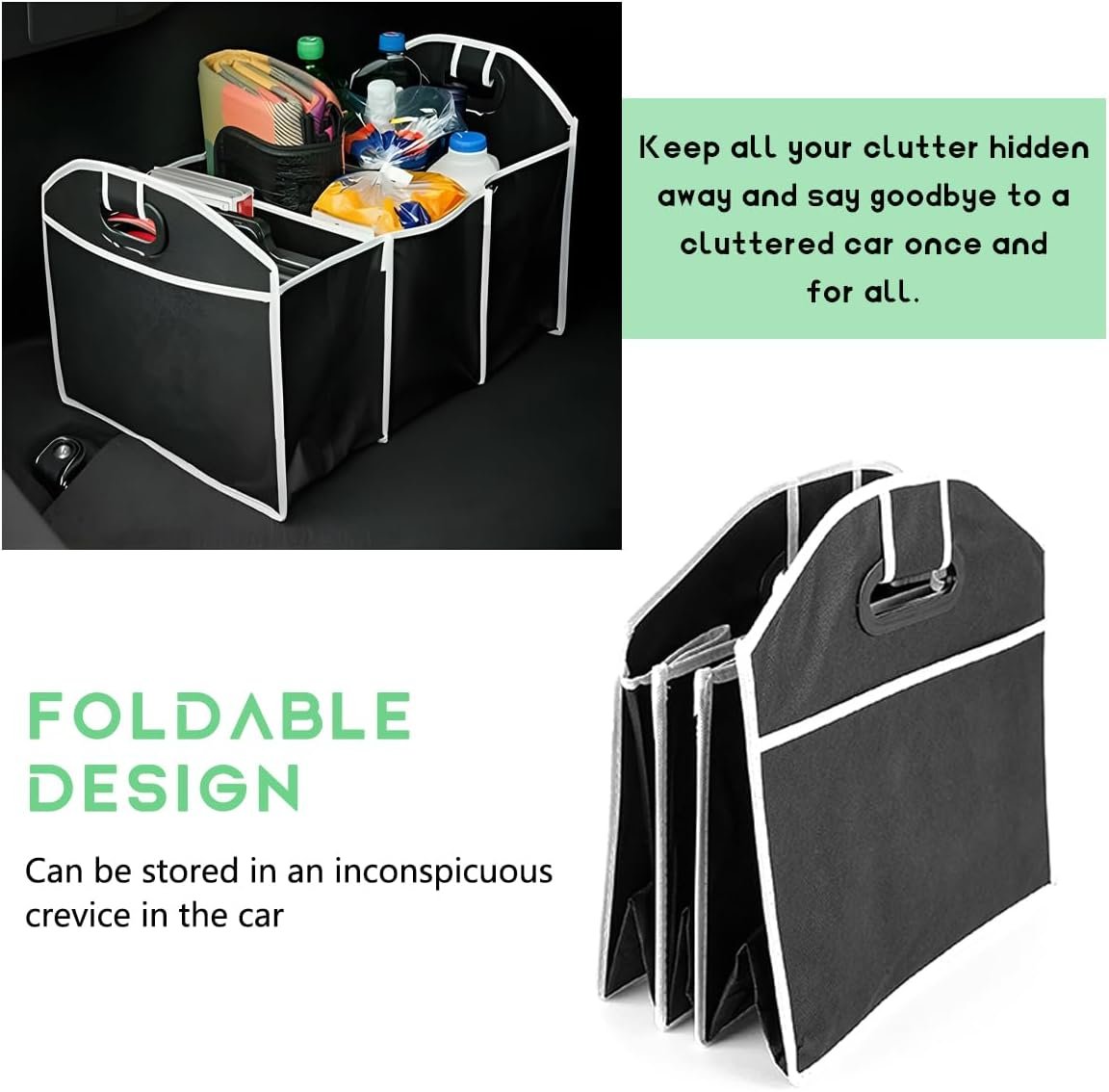 JUSTTOP Car Trunk Organizer, Portable Foldable Trunk Storage Container with 3 Compartments, Waterproof Large Capacity Cargo Trunk Organizer for Sedan Truck SUV, Car Accessories