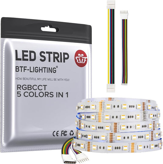 BTF-LIGHTING RGBCCT 5 Colors in 1 LED 5050SMD RGBWW RGB+Dimmable Tunable Color Temperature 2700K-6500K 16.4ft 60LEDs/m 300LEDs DC12V Multi-Colored Tape Lights IP30 White PCB(No Adapter or Controller)