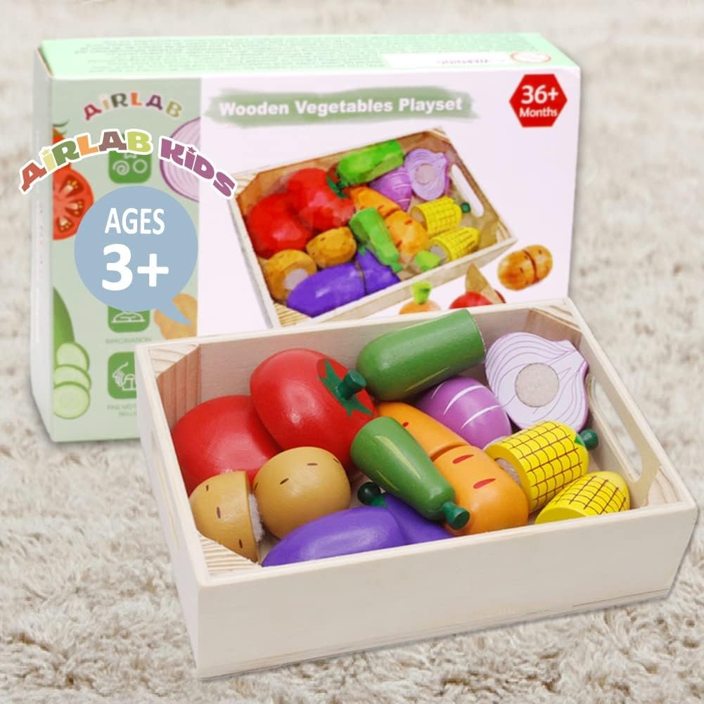 Airlab Wooden Play Food Set for Kids Pretend Play Kitchen Accessories for Toddlers Educational Cutting Vegetables Montessori Toys for 3+ Year Old Girls Boys