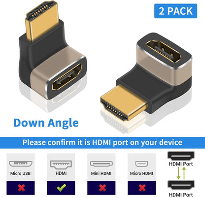 Duttek 8K 90 Degree HDMI Male to Female Adapter, 2.1 Version Down Angle HDMI L Shape Flat Extender Adapter Connector for TV, Roku, Fire Stick, Chromecast, Switch, Laptop, PC (2 Pack)