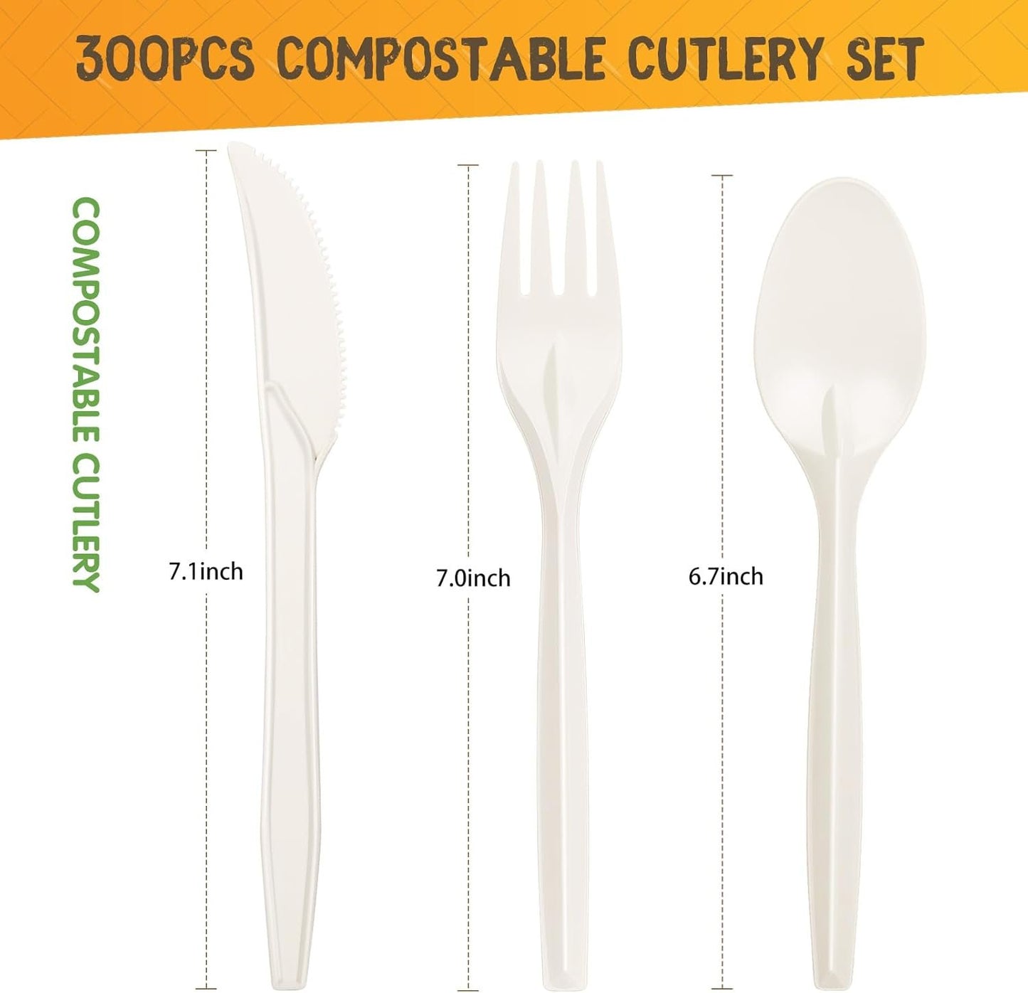 Gezond Compostable Cutlery Set 300 Pack Disposable Cutlery- 150 Forks 100 Spoons 50 Knives 7 Inch Biodegradable Utensils Set Heavy Duty Biodegradable Cutlery