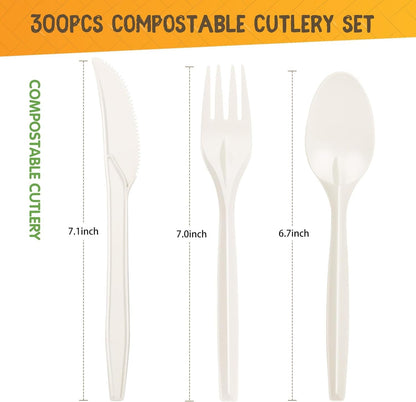 Gezond Compostable Cutlery Set 300 Pack Disposable Cutlery- 150 Forks 100 Spoons 50 Knives 7 Inch Biodegradable Utensils Set Heavy Duty Biodegradable Cutlery