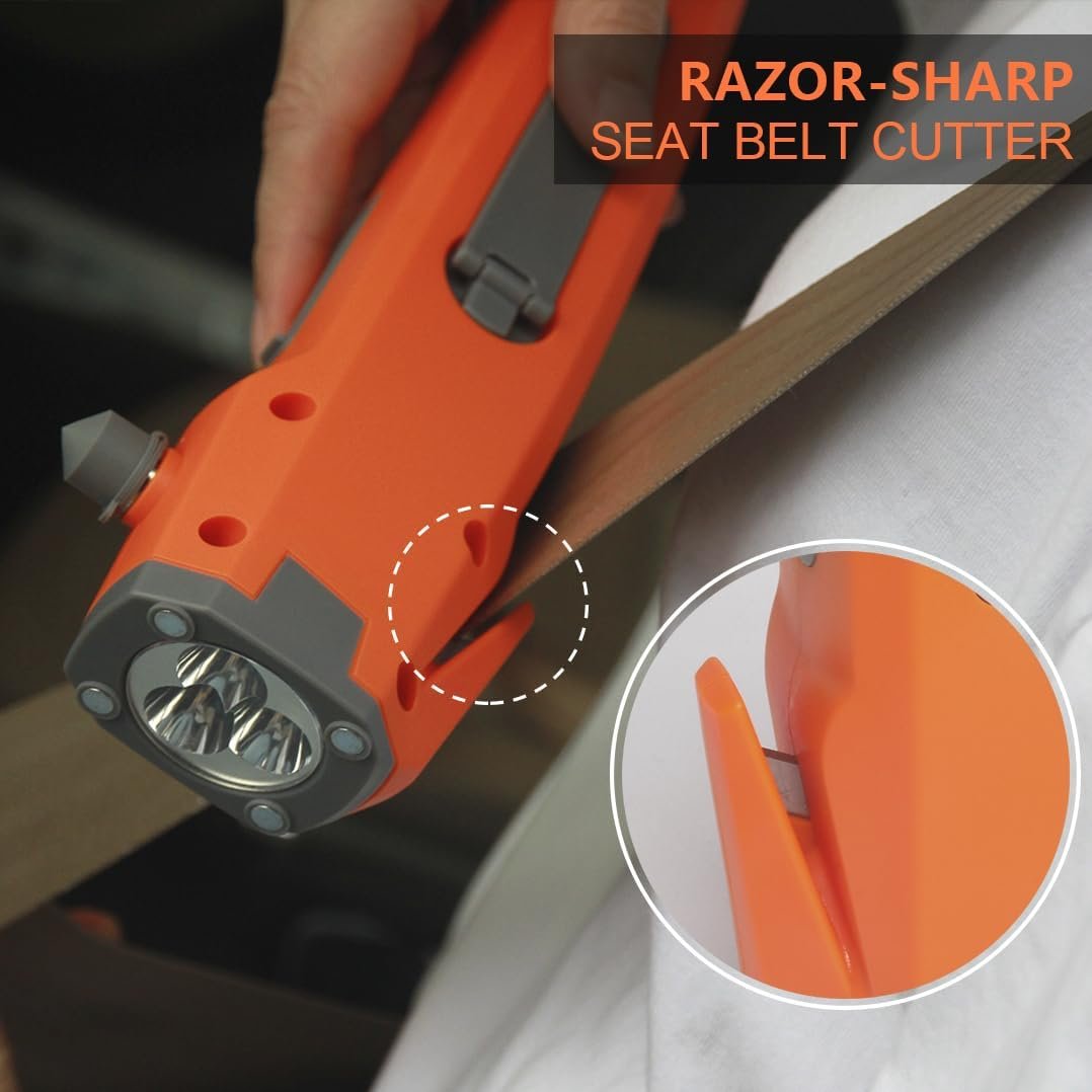 LUXON Emergency Tool 7-in-1 Car Safety Tool,Includes Window Hammer,Seat Belt Cutter,LED Flashlight,Rescue Tool Contains USB Charger,SOS Light,Hand Cranking Charge for Vehicle Escape/Field Survival
