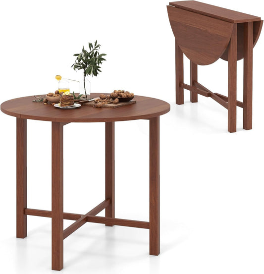 GOFLAME Round Drop Leaf Dining Table, 36” Folding Kitchen Table with Solid Wood Legs, Farmhouse Extendable Table for 2-4 People, Dinner Table for Dining Room, Living Room, Restaurant, Walnut