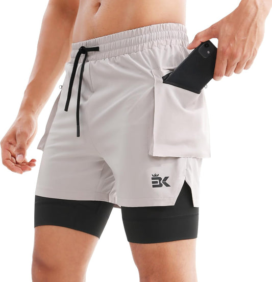 BROKIG Men's 2 in 1 Running Shorts, Quick Dry Sport Shorts Workout Fitness Gym Shorts Men with Zip Pockets