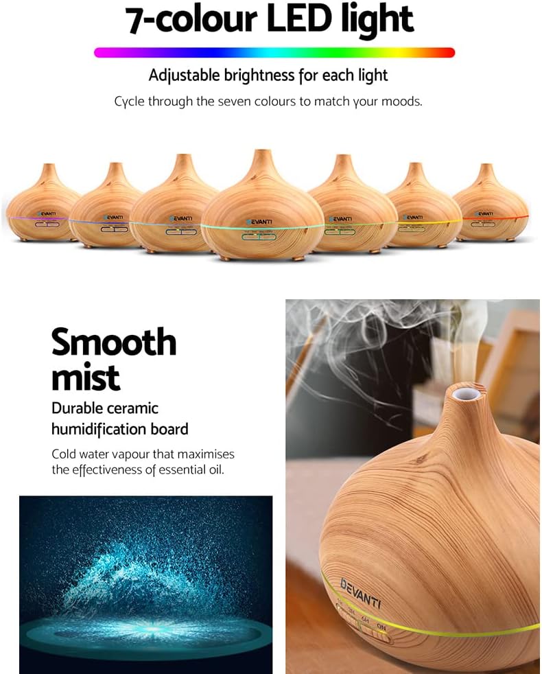 Devanti Aroma Diffuser, 300ml Wood Grain Air Humidifier Purifier Essential Oils Car Freshener Vaporizer Aromatherapy Diffusers Scent Booster Home Office Bedroom Humidifiers Steam, 7 Led Light
