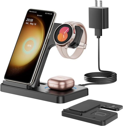 Wireless Charger for Samsung Charging Station: GEEKERA 3 in 1 Foldable Phone Charger Stand for Galaxy Watch6/5 Pro/4/3/Active, S24 Ultra/Plus/S23/S22/S21/S20, Z Fold/Flip Series, Android, Buds 2 Pro