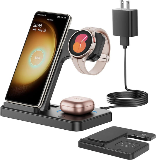 Wireless Charger for Samsung Charging Station: GEEKERA 3 in 1 Foldable Phone Charger Stand for Galaxy Watch6/5 Pro/4/3/Active, S24 Ultra/Plus/S23/S22/S21/S20, Z Fold/Flip Series, Android, Buds 2 Pro