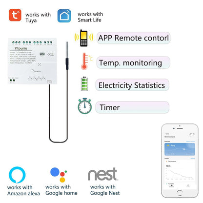 Yitouniu Tuya WiFi Temperature Sensor, 4CH Relay Switch, Independent Control, Home Automation,iOS Android Application, Dry contact,Compatible with Alexa and Google Home