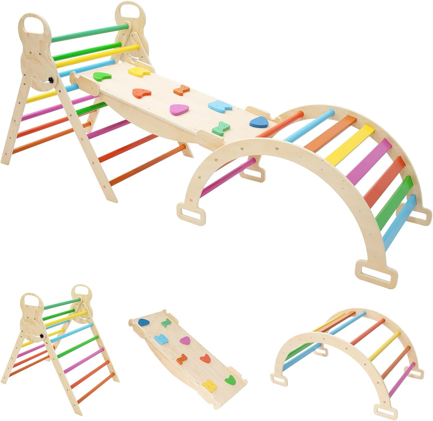 7in1 Rainbow Pikler Triangle Set Foldable Montessori Climber, Wooden Climbing Toys with Sliding Ramp&Arch Rocker for Kids,Climbing Indoor Playground Set for Toddlers