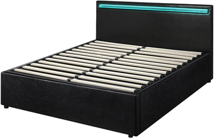 Oikiture Bed Frame Double Size Pu Leather Bed Frame Gas Lift with Storage and LED Light Bed Base Black