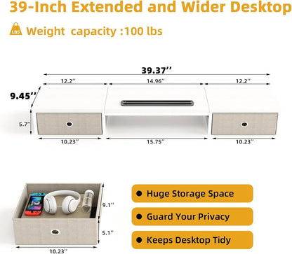 Mexin Dual Monitor Stand Riser with 2 Drawers, 39 Inch Extra Long Wood Desk Organizer, Desktop Riser for Laptop, Printer, Computer, TV, Perfect for Home Office, White