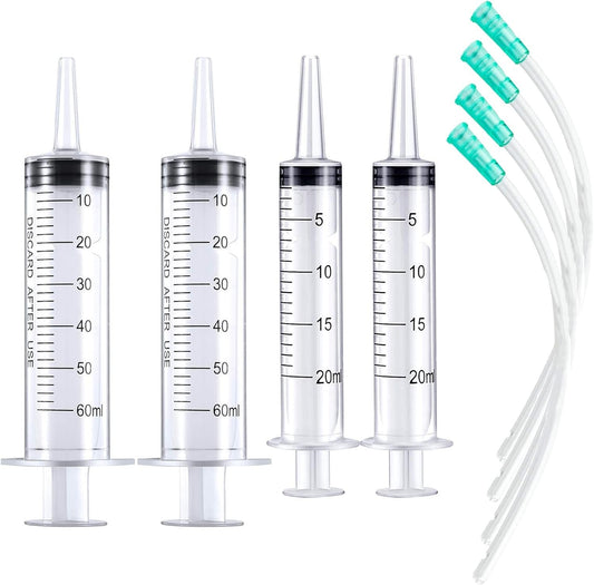 DFYOUHOME Large Plastic Syringe with Tube 60ml & 20ml with 13inch Tubing for Scientific Labs, Measuring, Watering, Refilling, Filtration, Feeding Pets, Oil or Glue Applicator, 4pcs