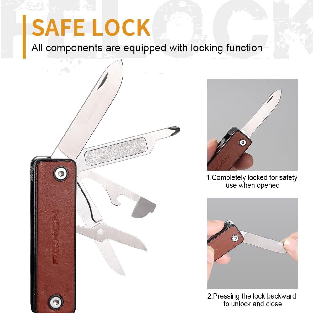 ROXON M4 10 in 1 Portable Nail Clipper Multi Tool with Leather,Utility Tool with Safety Lockable Small Knife,Scissors,File,Bottle Opener,Screwdriver,Personal Care Gadgets and Useful Gift for All