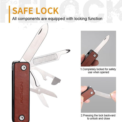 ROXON M4 10 in 1 Portable Nail Clipper Multi Tool with Leather,Utility Tool with Safety Lockable Small Knife,Scissors,File,Bottle Opener,Screwdriver,Personal Care Gadgets and Useful Gift for All