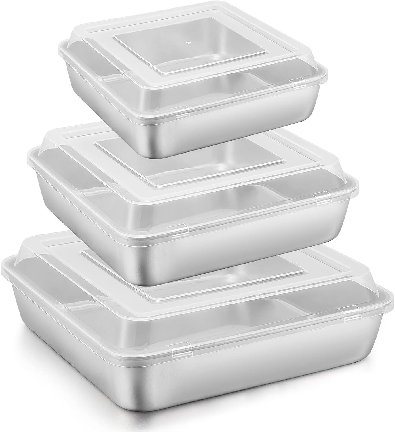 E-far 6/8/9-Inch Square Cake Pan with lid Set, Square Baking Brownie Pans Stainless Steel Bakeware Set of 3, Non-toxic & Healthy, Easy Clean & Dishwasher Safe - 6 Pieces(3 Pans + 3 Covers)
