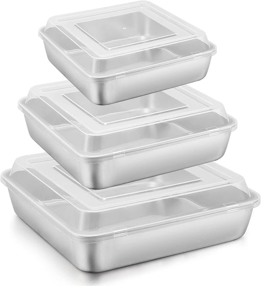 E-far 6/8/9-Inch Square Cake Pan with lid Set, Square Baking Brownie Pans Stainless Steel Bakeware Set of 3, Non-toxic & Healthy, Easy Clean & Dishwasher Safe - 6 Pieces(3 Pans + 3 Covers)