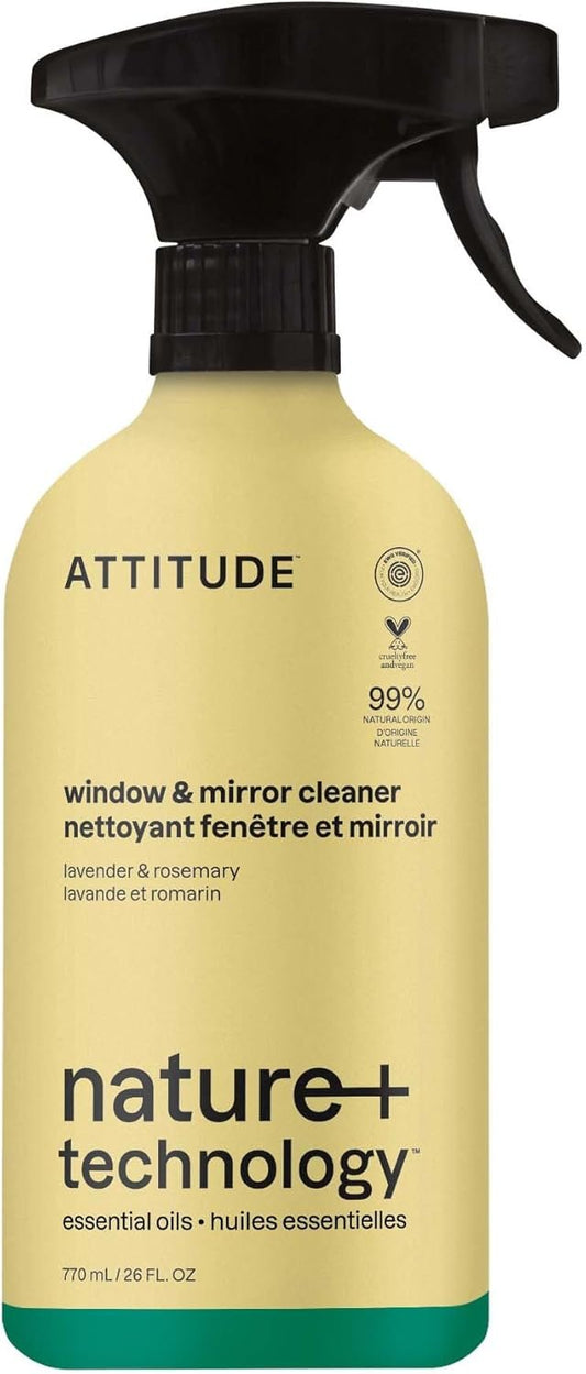 ATTITUDE Window & Mirror Cleaner Spray, Made in Canada, Plant-Based Ingredients, EWG Verified, Streak Free, Ammonia Free, Removes Fingerprints, Dust and Dirt, Lavender & Rosemary, 770 mL