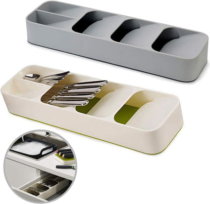 2 Pack Compact Small Cutlery Tray Organiser, Utensil Holder for Drawers, Kitchen Silverware Drawer Organizer Divider for Spoons Forks & Short Knives, White & Grey
