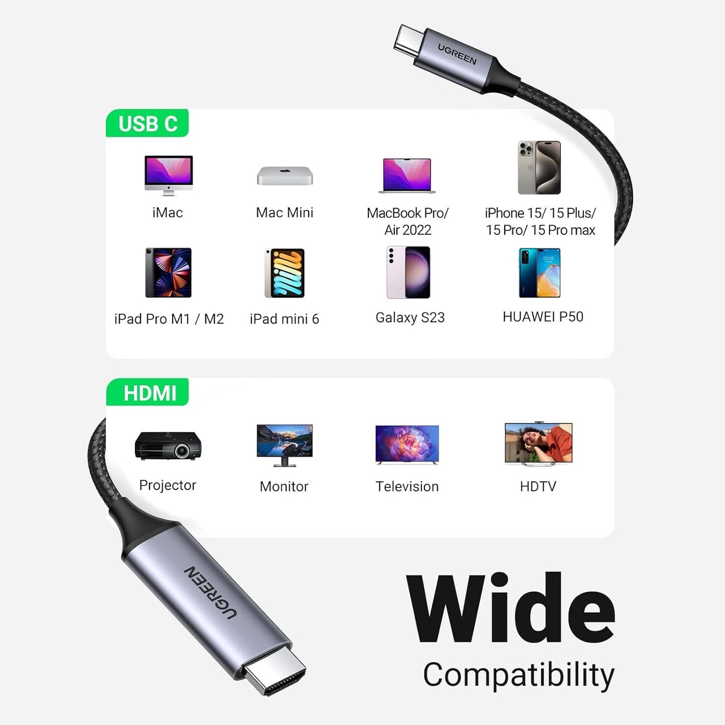 UGREEN 4K@60Hz USB C to HDMI Cable 2M, Type C Thunderbolt 4/3 Video Adapter for Home Office Compatible with iPhone 16/15 Pro Max Plus, MacBook Pro Air iPad Pro, XPS, Galaxy S24, Steam Deck