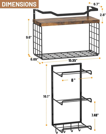 Yoga Mat Holder Wall Mount, Yoga Accessory Mats Storage Rack, Home Gym Accessories Organizer Storage with Wood Floating Shelves, Storage Basket with Hooks for Hanging Yoga Strap & Resistance Bands